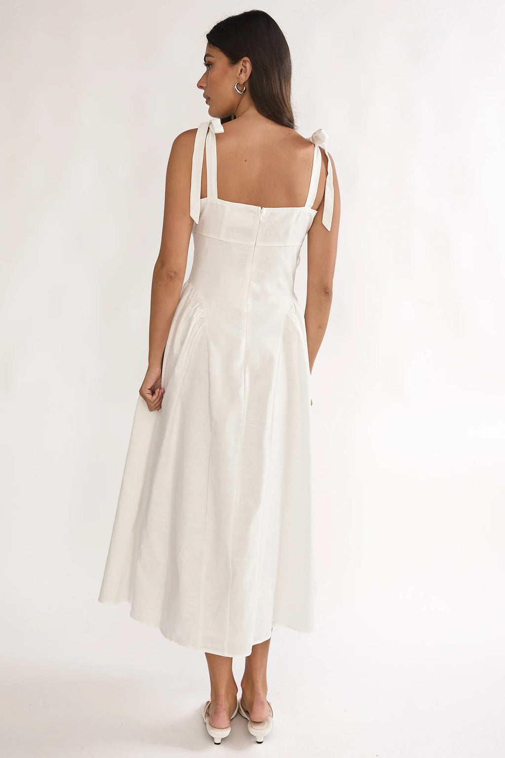 Morgana Tied Shoulder Applique Midi Dress Off White