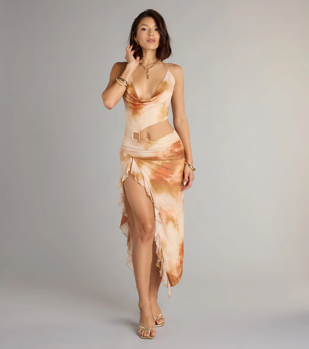 Golden Hour Glow Abstract Print Cutout Midi Dress