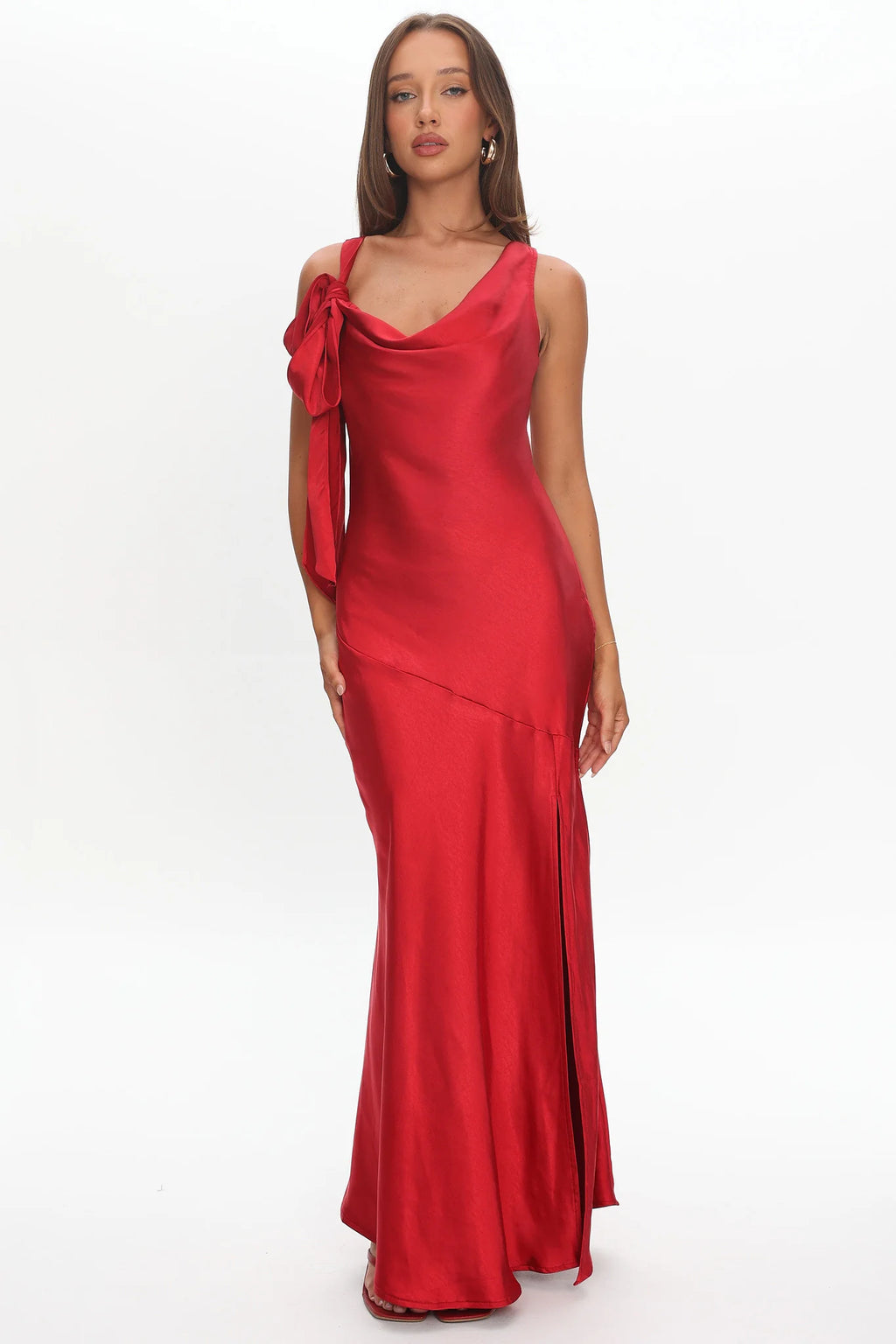 Averie Bow Shoulder Split Midi Dress Red