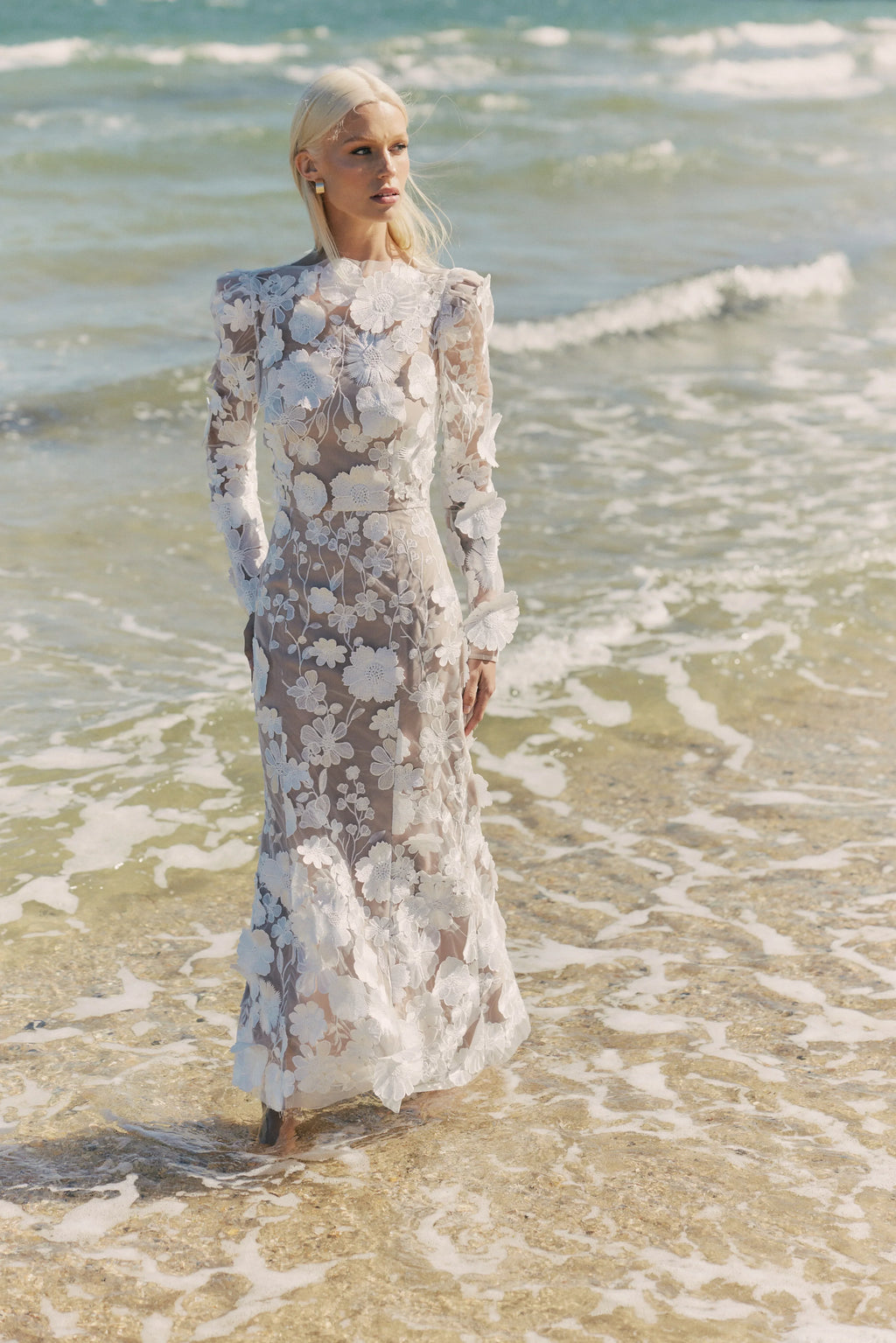 Shannon 3D Floral Midi Dress In White