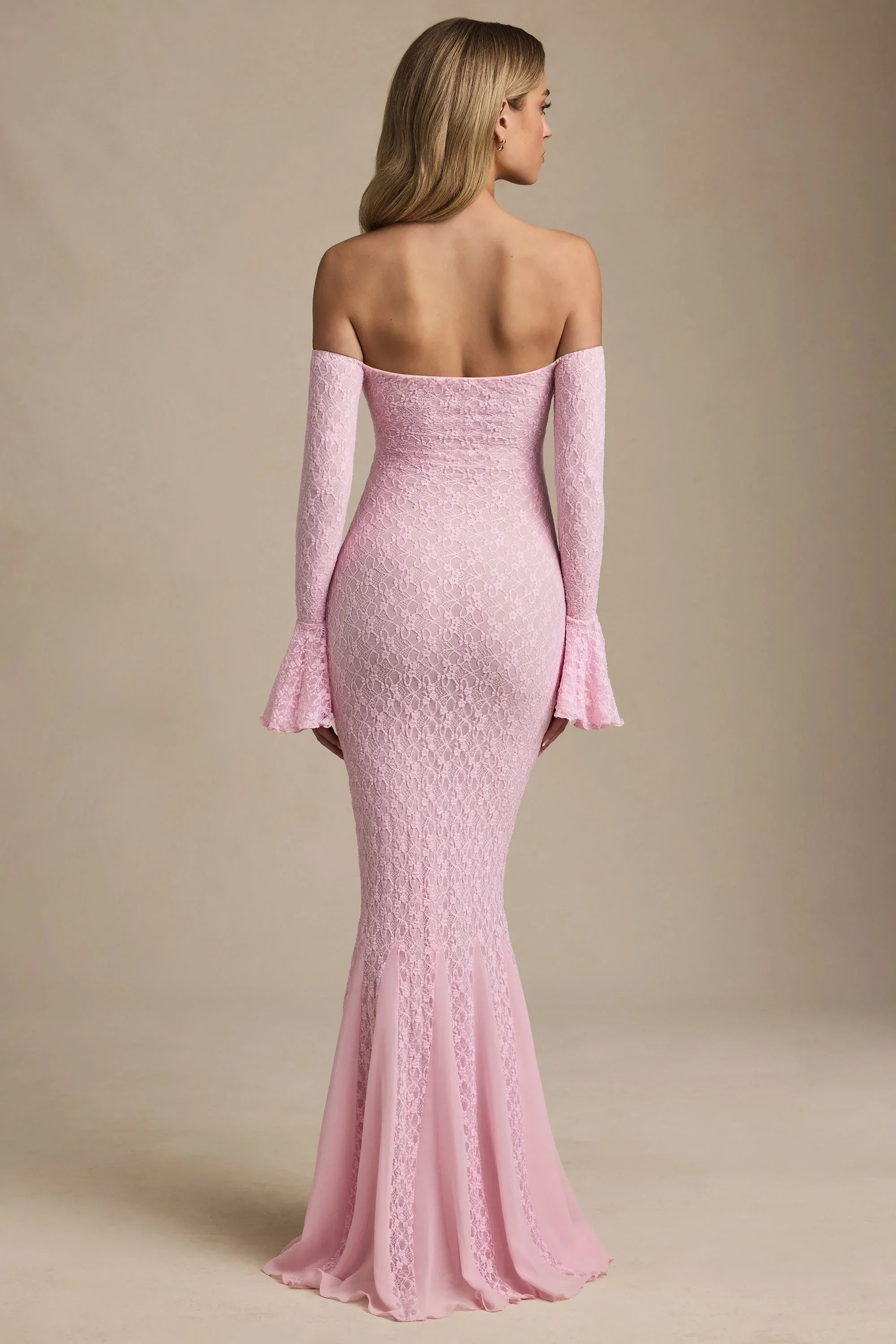 Off-Shoulder Ruffle Lace Maxi Dress in Soft Pink